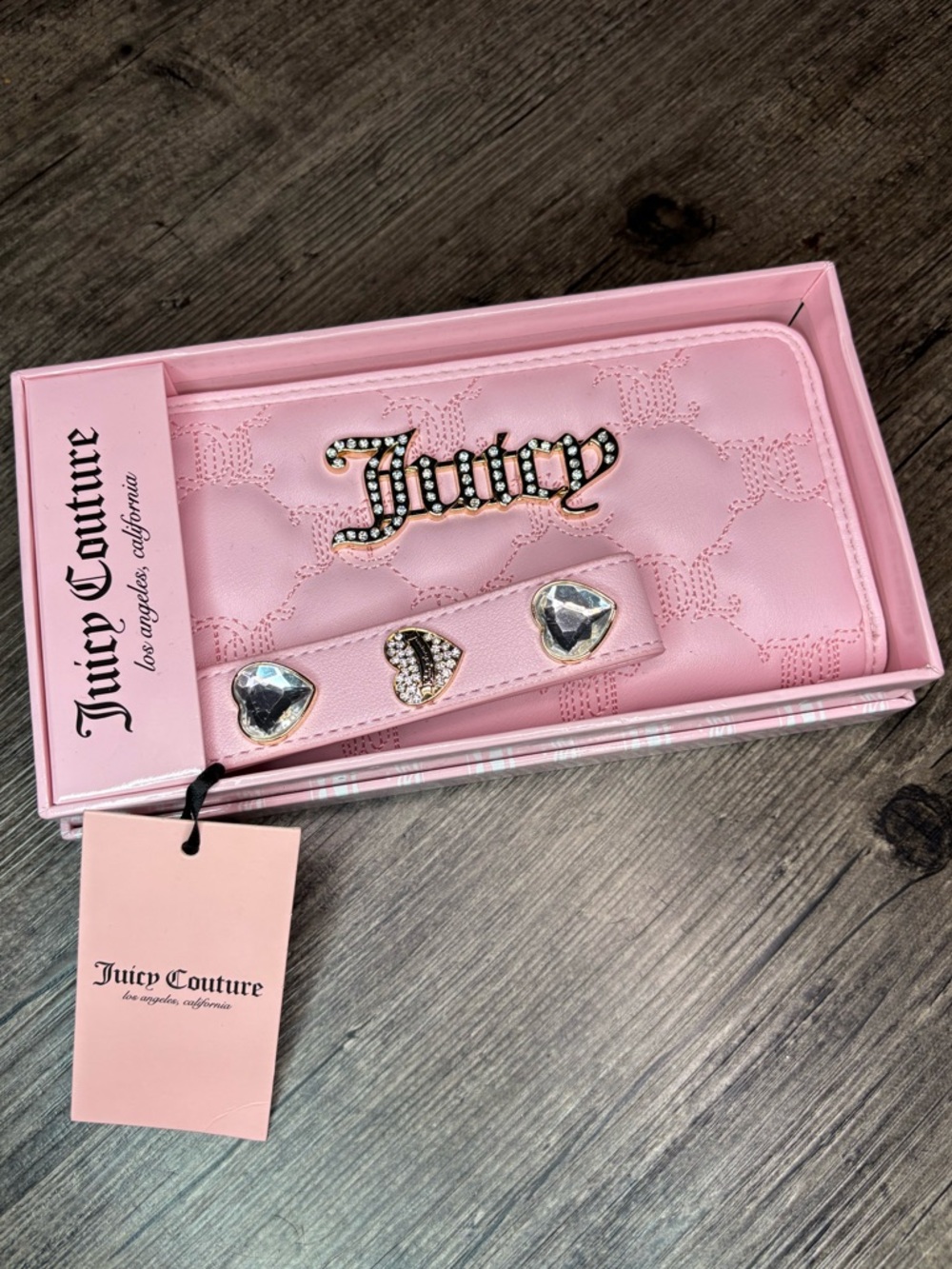 Juicy Couture Light Pink & Gold Quilted Wallet W/ Jeweled Logo and Heart Charms